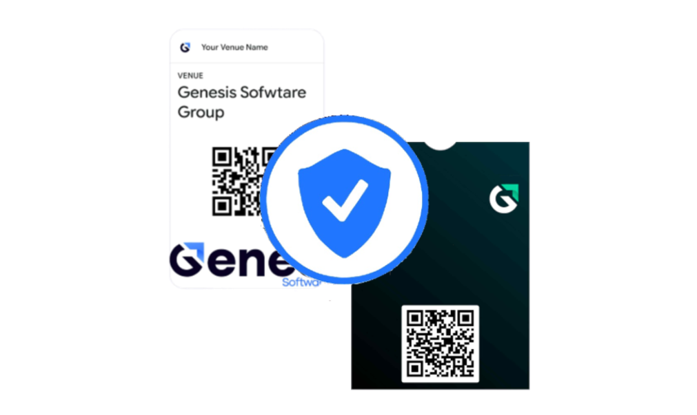 Digitale garderobebilletter med skjold-ikon, der symboliserer avanceret anti-svindel beskyttelse.