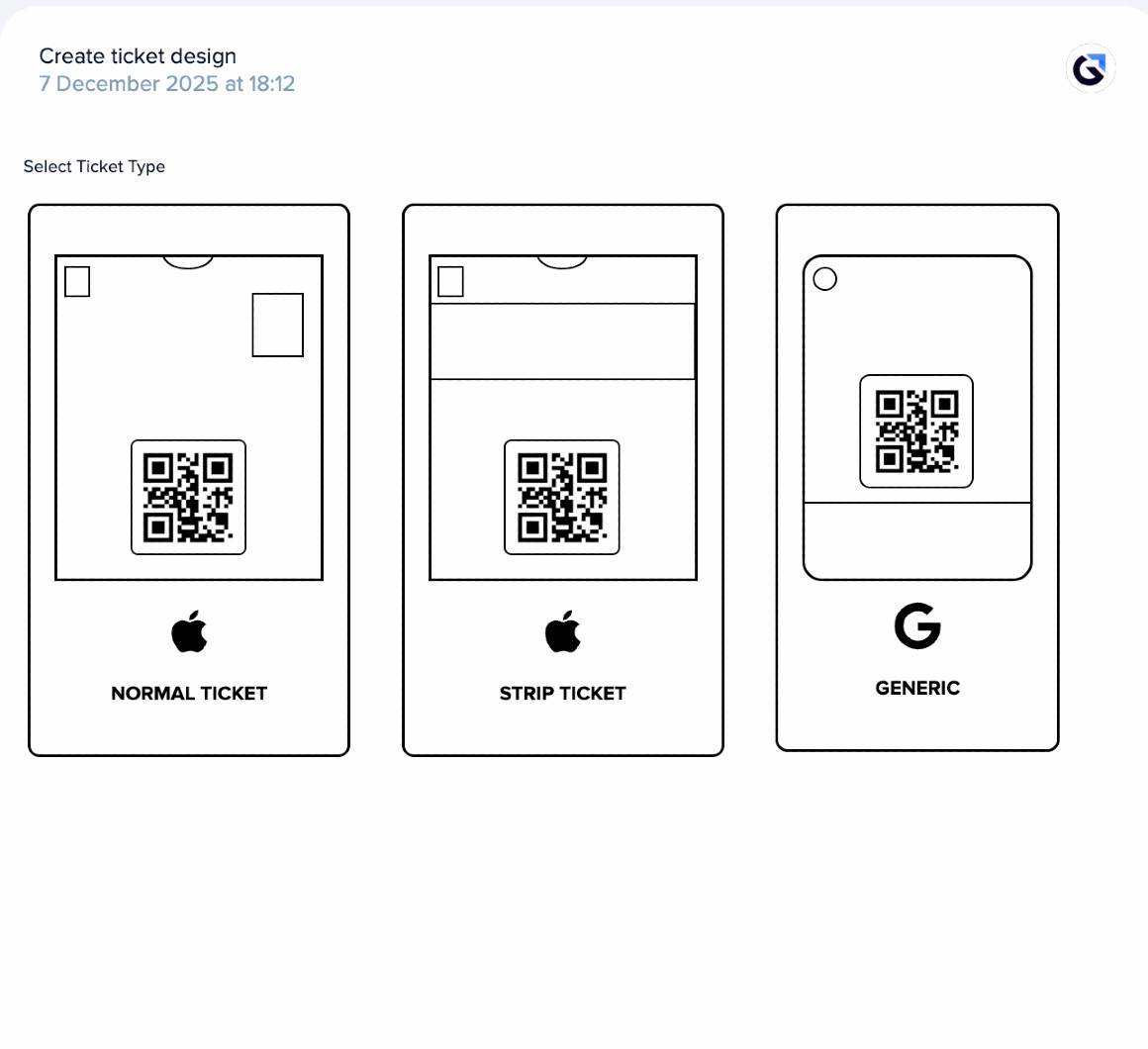 Skærm til tilpasning af billetdesign, der viser normale, strip- og generiske billetskabeloner til Digital Wardrobe.