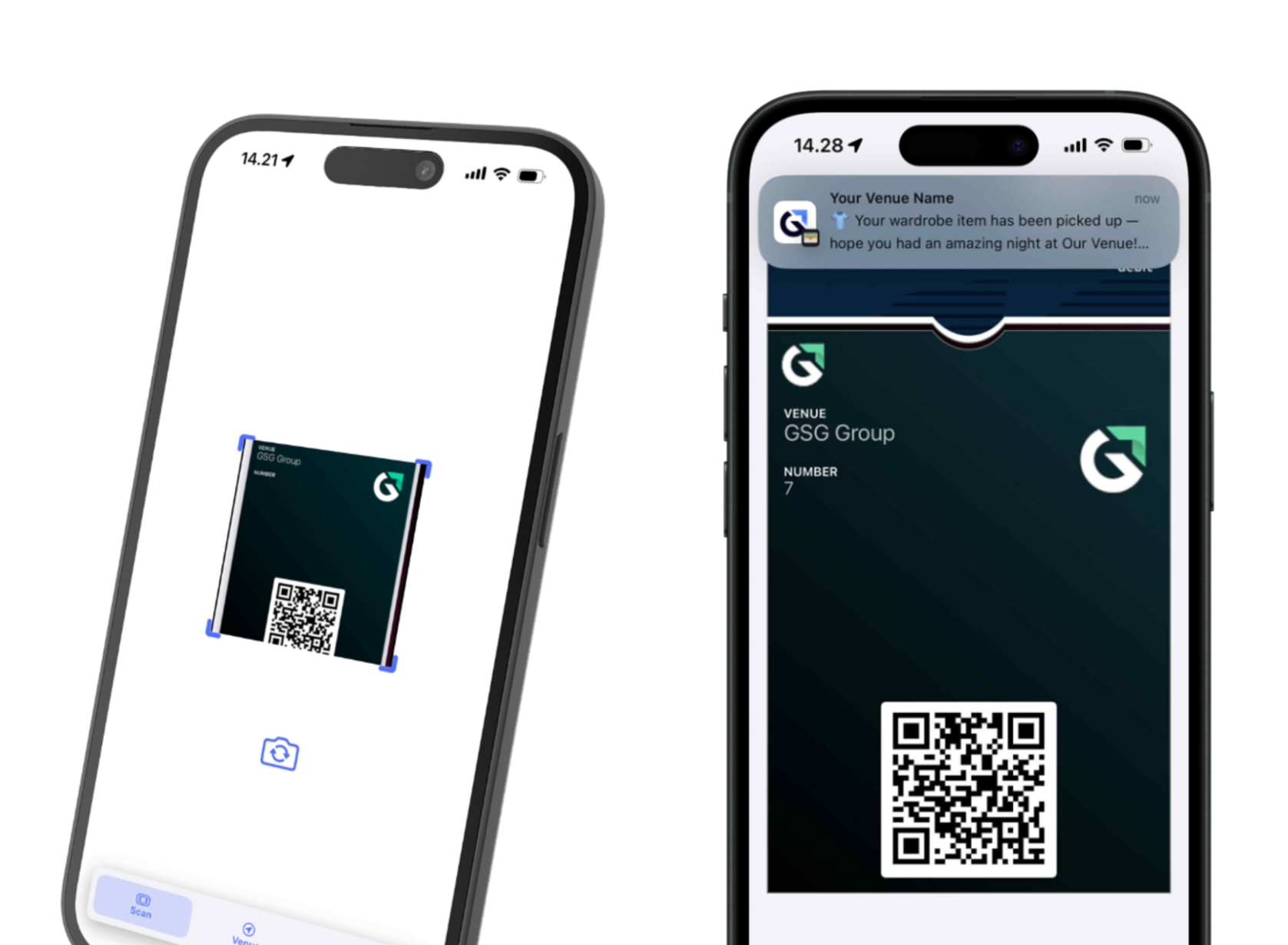 Gæstebetalingsproces, der viser en medarbejderscanning af en digital garderobebillet og en bekræftelsesmeddelelse på gæstens telefon.