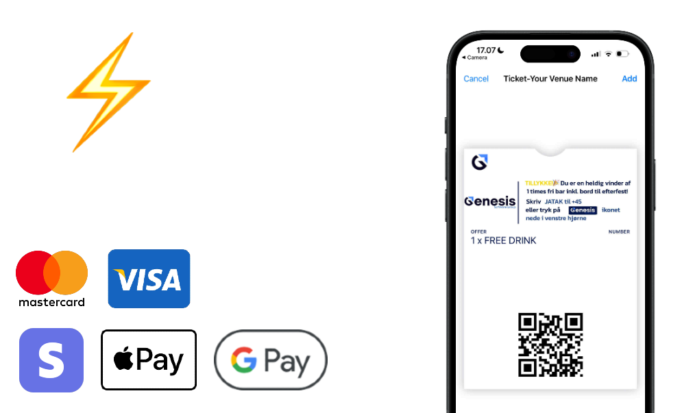 Illustration af gæster der scanner en QR-kode for at betale entré og garderobebillet, mens de står i kø foran et venue.