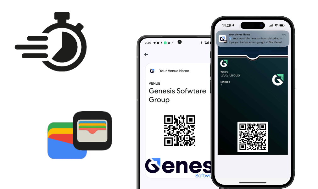 Smartphone, der viser Digital Wardrobe mobile tegnebogskort med ikon for hurtig indtjekning.