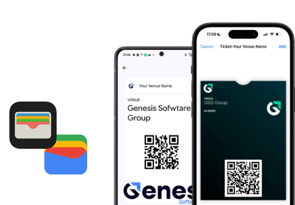 Apple Wallet og Google Wallet Digital Wardrobe-billetter med QR-koder til øjeblikkelig indtjekning.