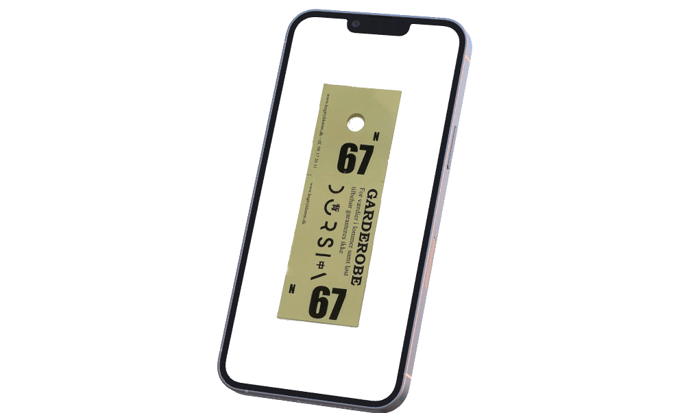 iPhone med en fysisk papirgarderobebillet lagt ovenpå – symbol på mistede billetter og behovet for digital løsning.