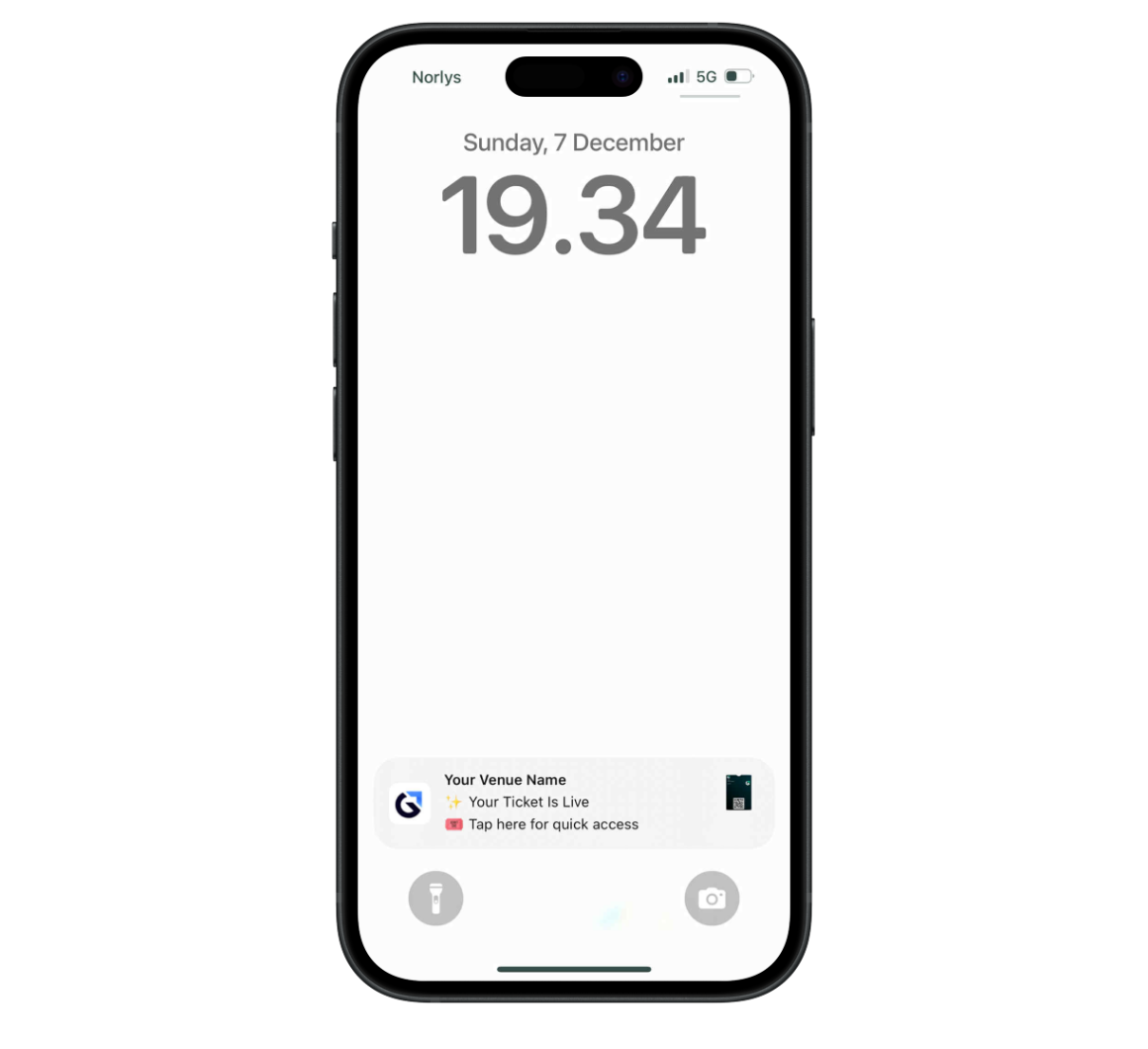 Vedvarende startskærmsmeddelelse, der giver adgang til en aktiv Digital Wardrobe-billet med et enkelt tryk.