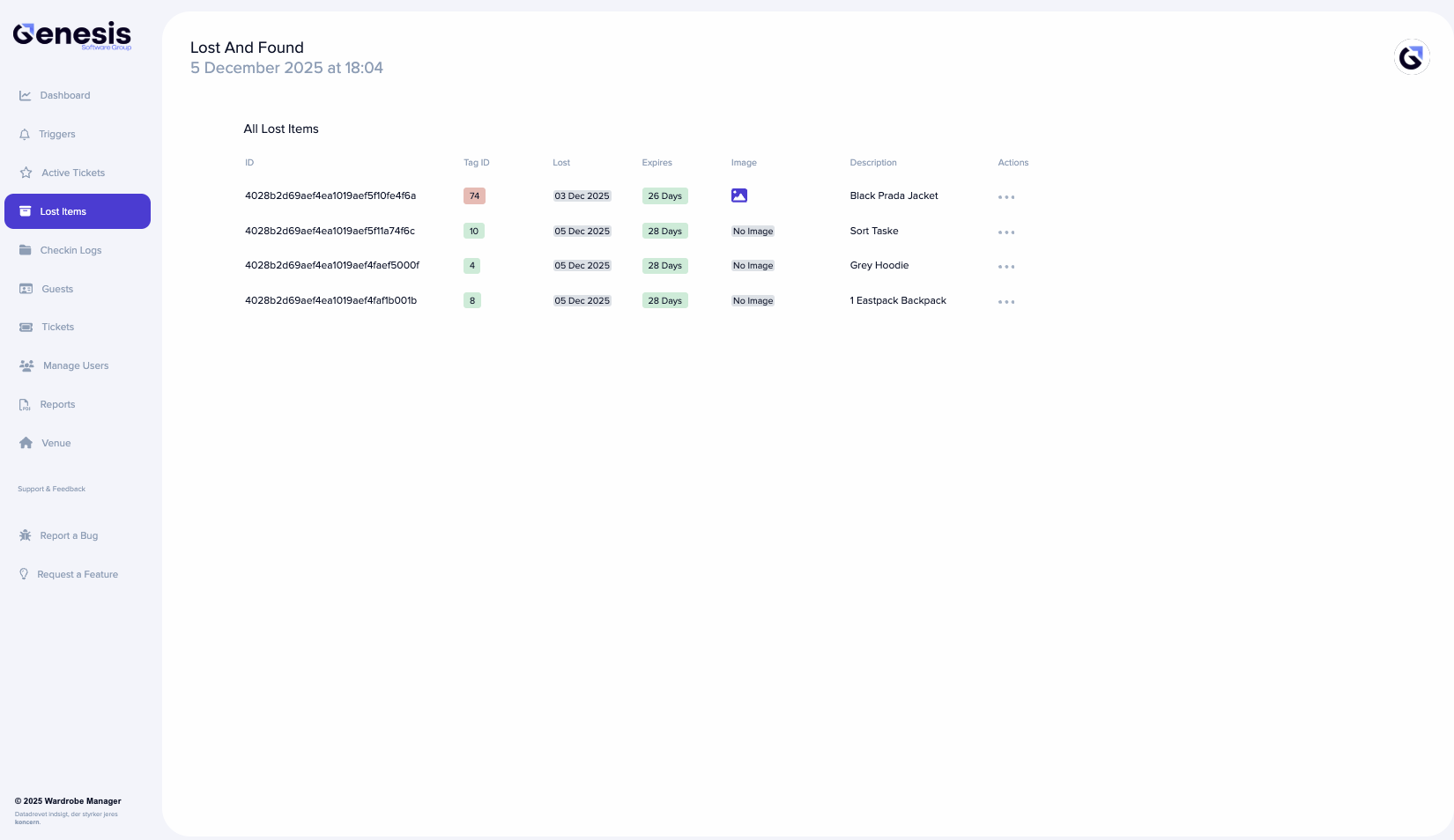 Mistet og fundet dashboard, der viser sporede varer med status, datoer, og hentningsoplysninger inde i Wardrobe Manager.