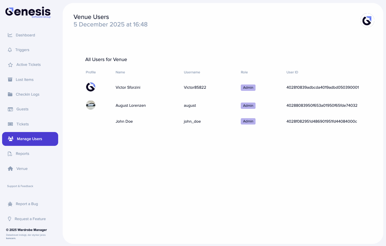 Dashboard til personalestyring, der viser stedets brugere, roller, og bruger-id'er inde i Wardrobe Manager.